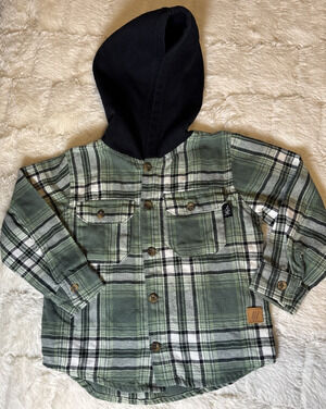 American Hawk Hooded Kids 2T Green and White Plaid Shirt Jacket - Layering Trend